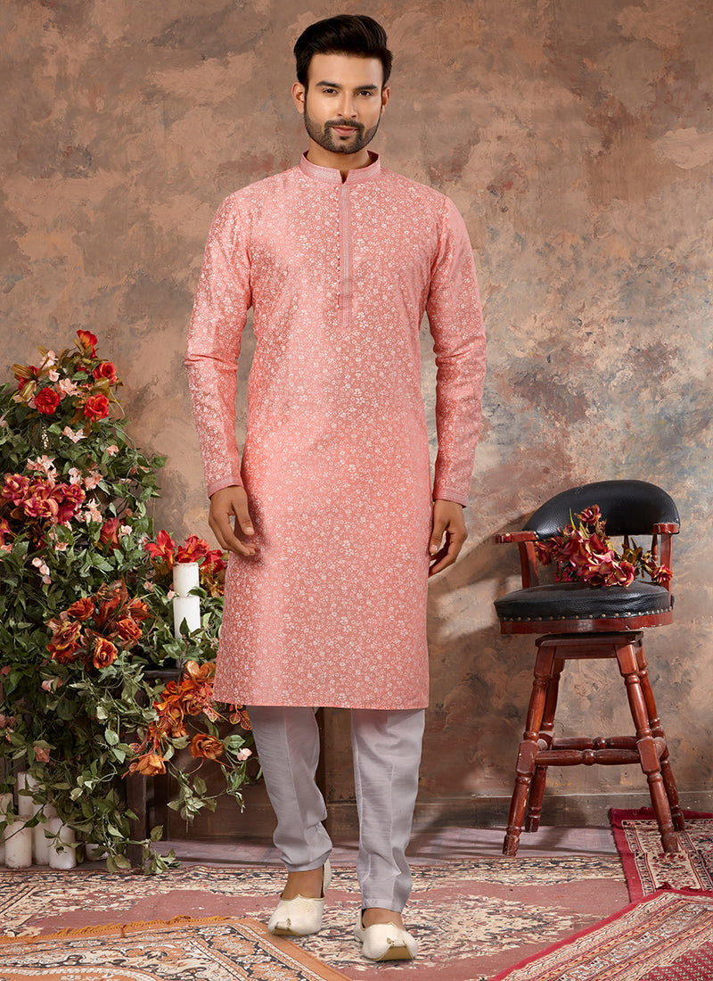 Pink Silk Mens Kurta Pyjama Set