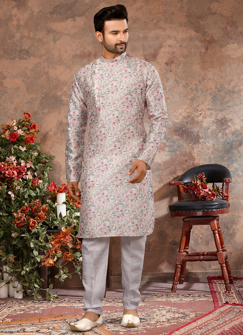 Cream Silk Mens Kurta Pyjama Set