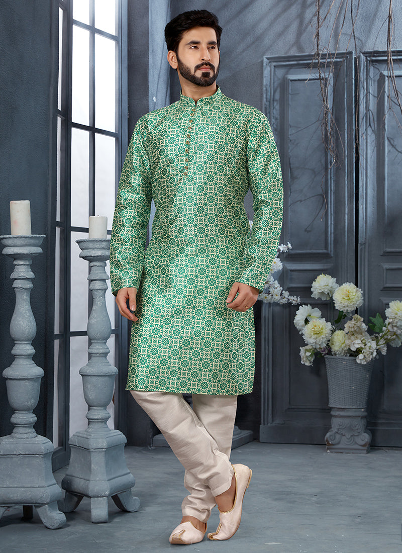 Green Silk Mens Kurta Pyjama Set