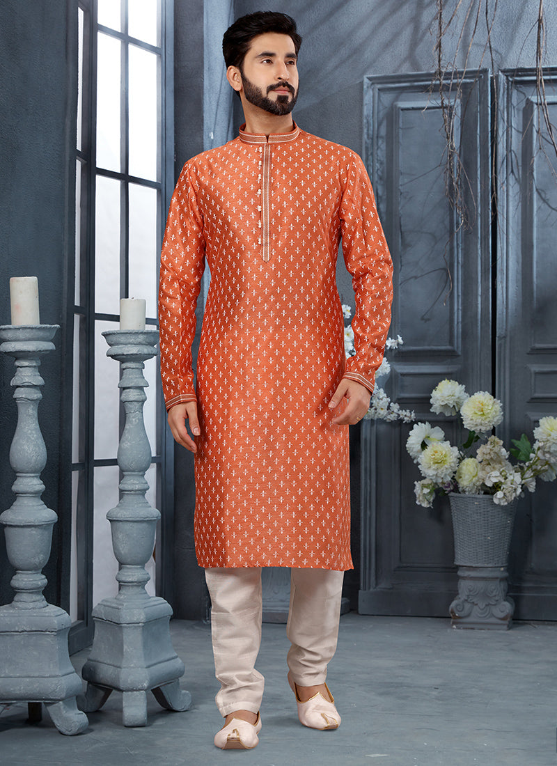Orange Silk Mens Kurta Pyjama Set