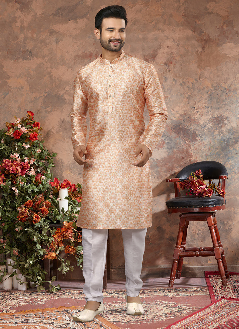 Light Orange Silk Mens Kurta Pyjama Set