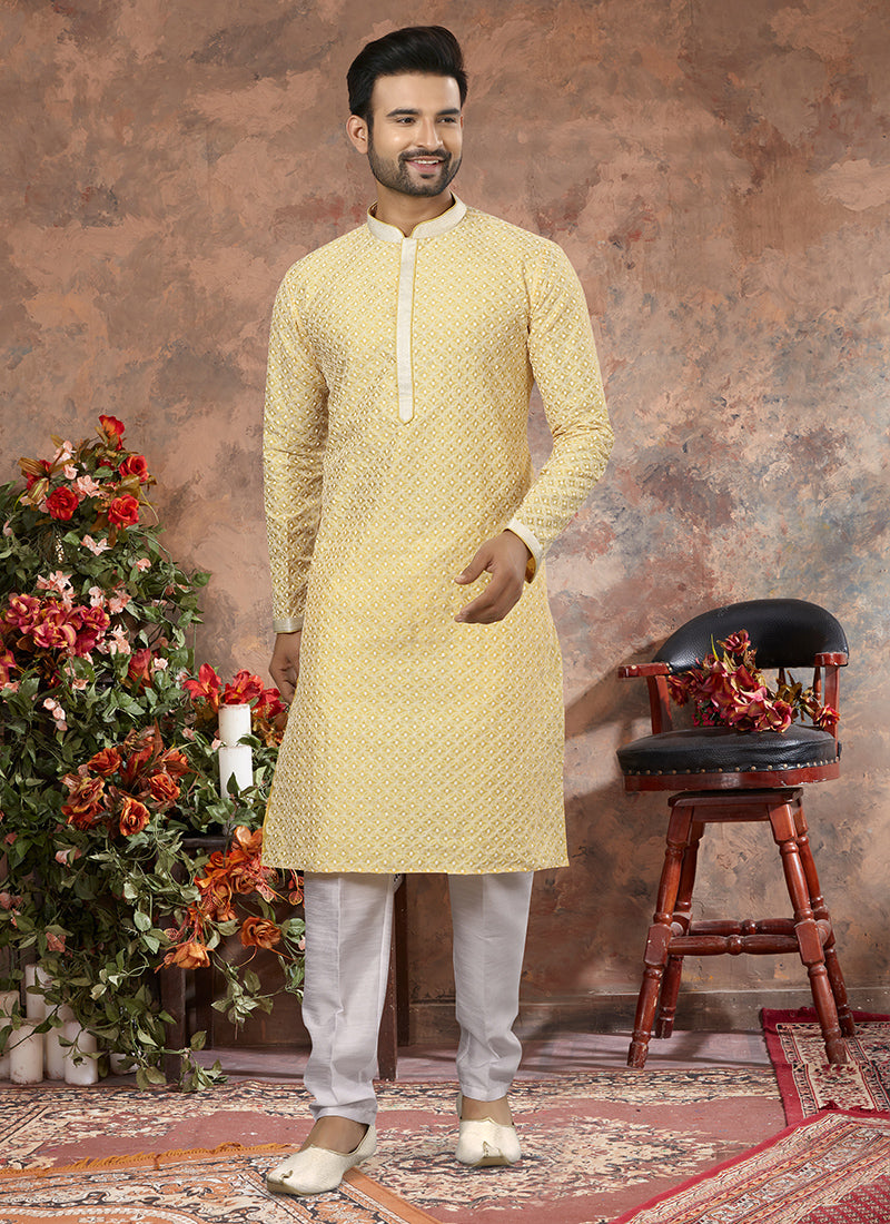 Lemon Yellow Lukhnowi Mens Kurta Pyjama Set
