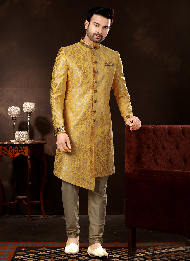 Mustard Yellow Jacquard Sherwani