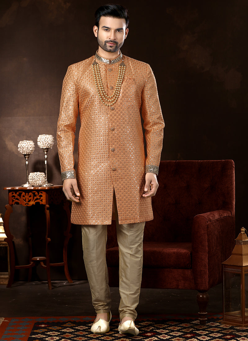 Peach Art Silk Sherwani