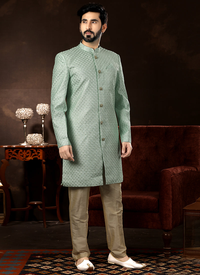 Mint Blue Art Silk Sherwani