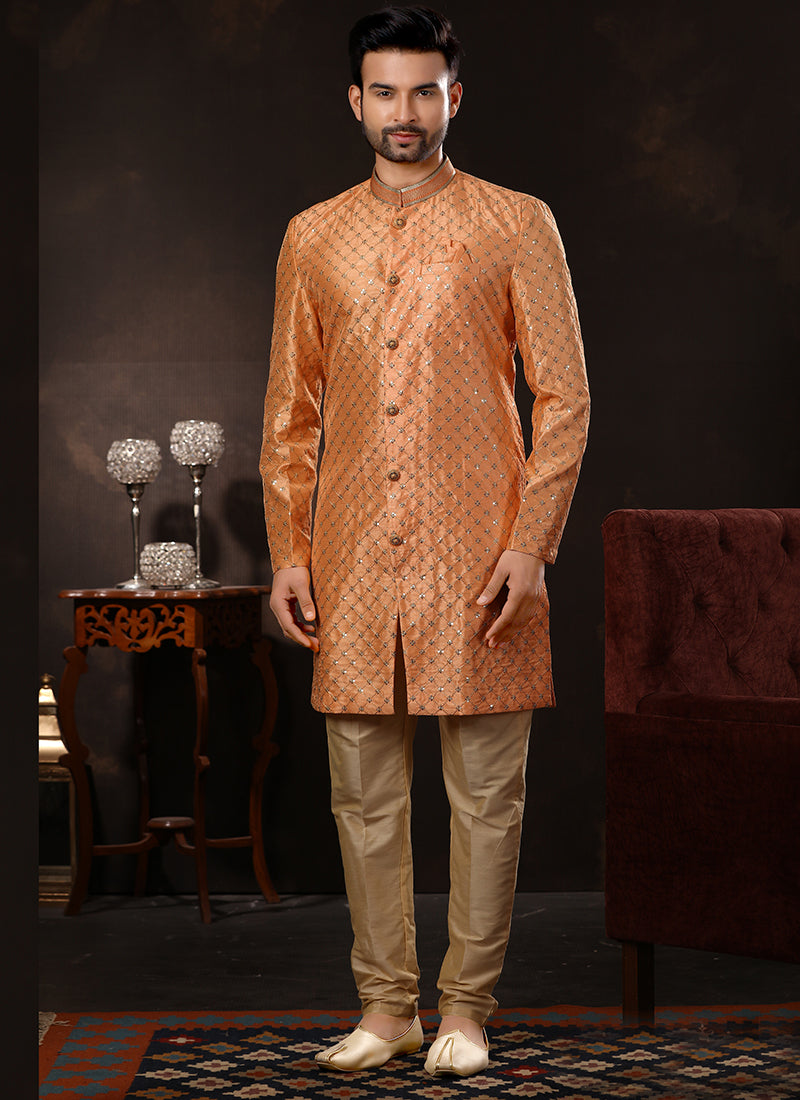 Peach Art Silk Sherwani