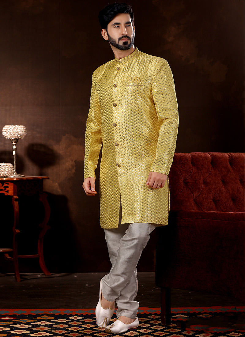 Yellow Art Silk Sherwani