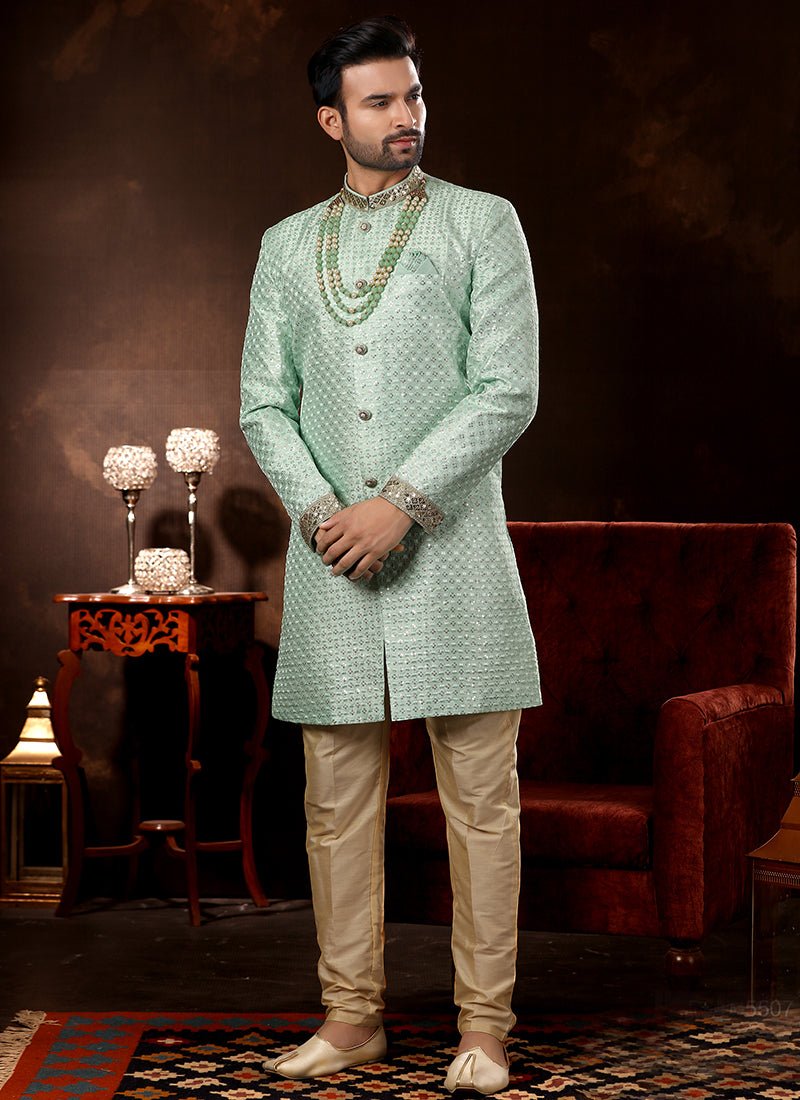 Mint Blue Art Silk Sherwani