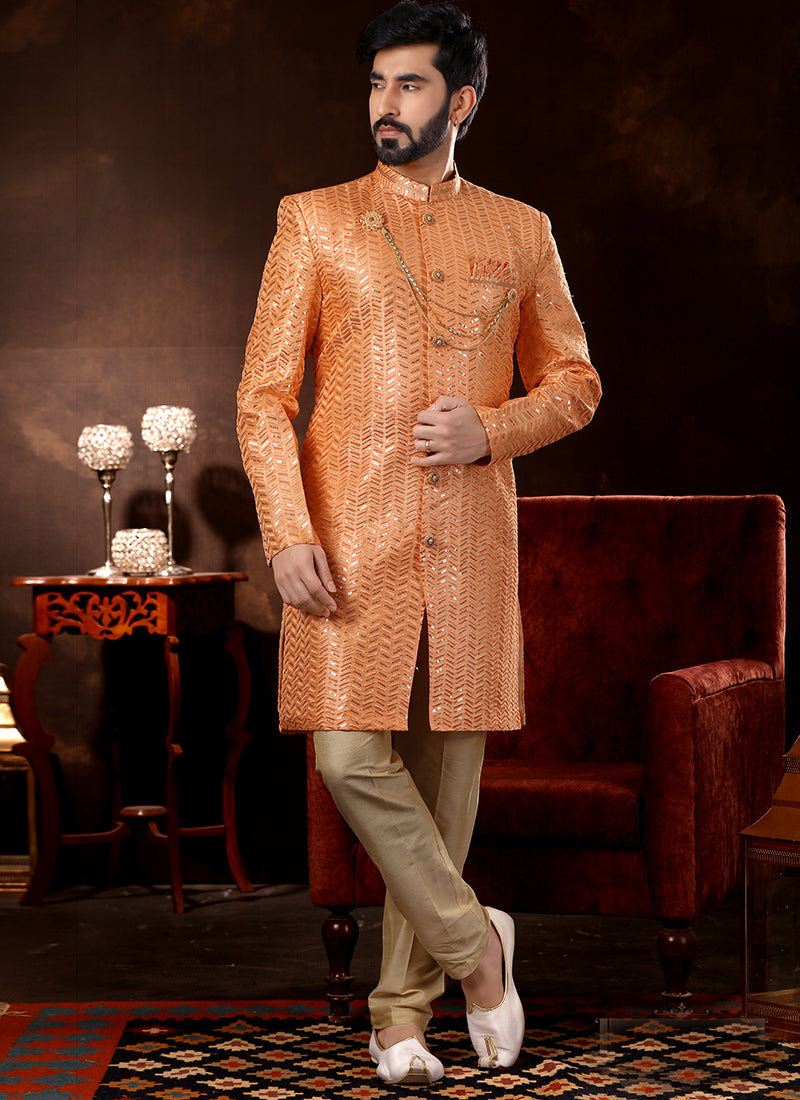Peach Art Silk Sherwani