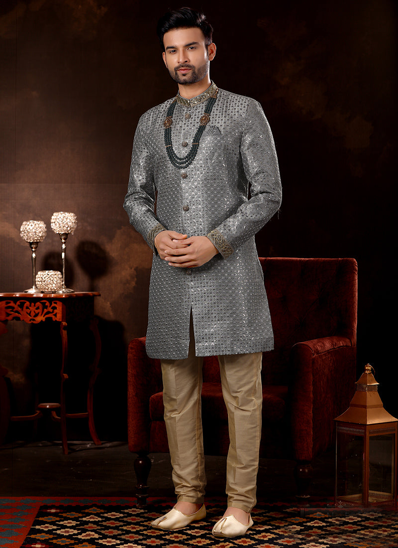 Ash Grey Art Silk Sherwani