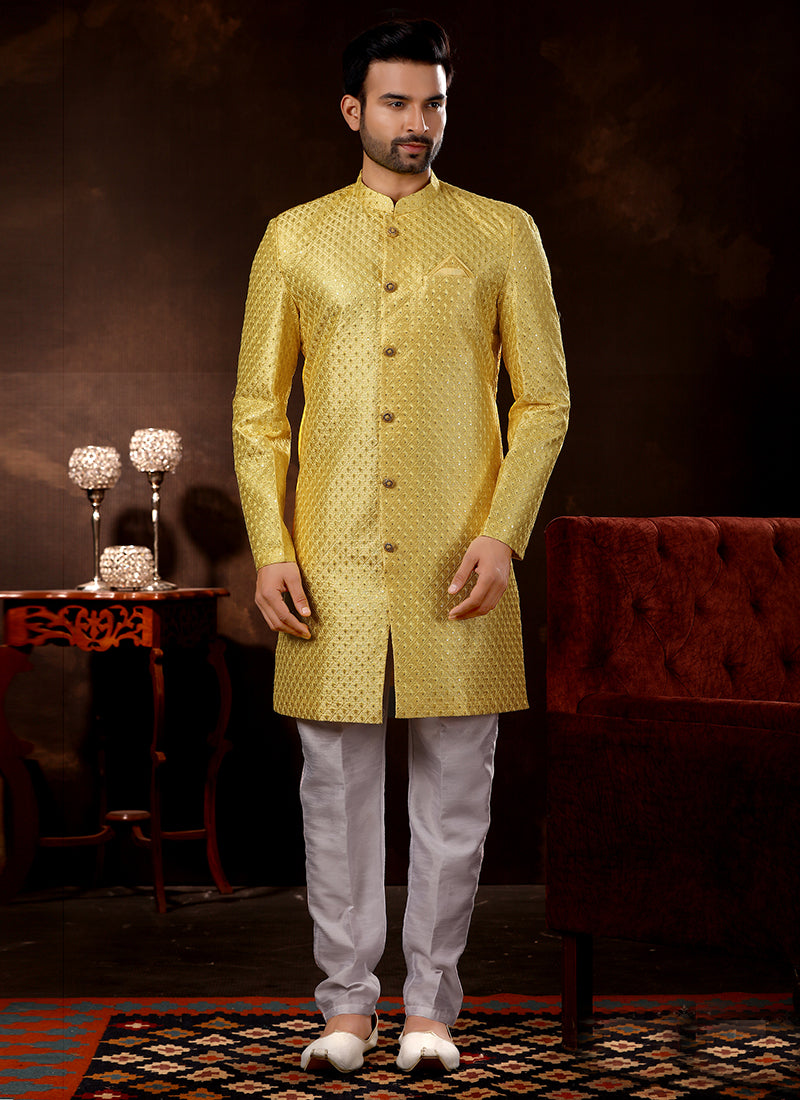 Yellow Art Silk Sherwani