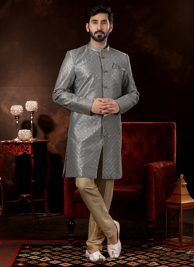 Grey Art Silk Sherwani