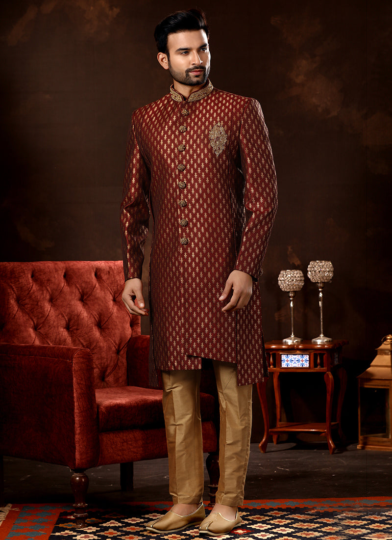 Maroon Jacquard Sherwani