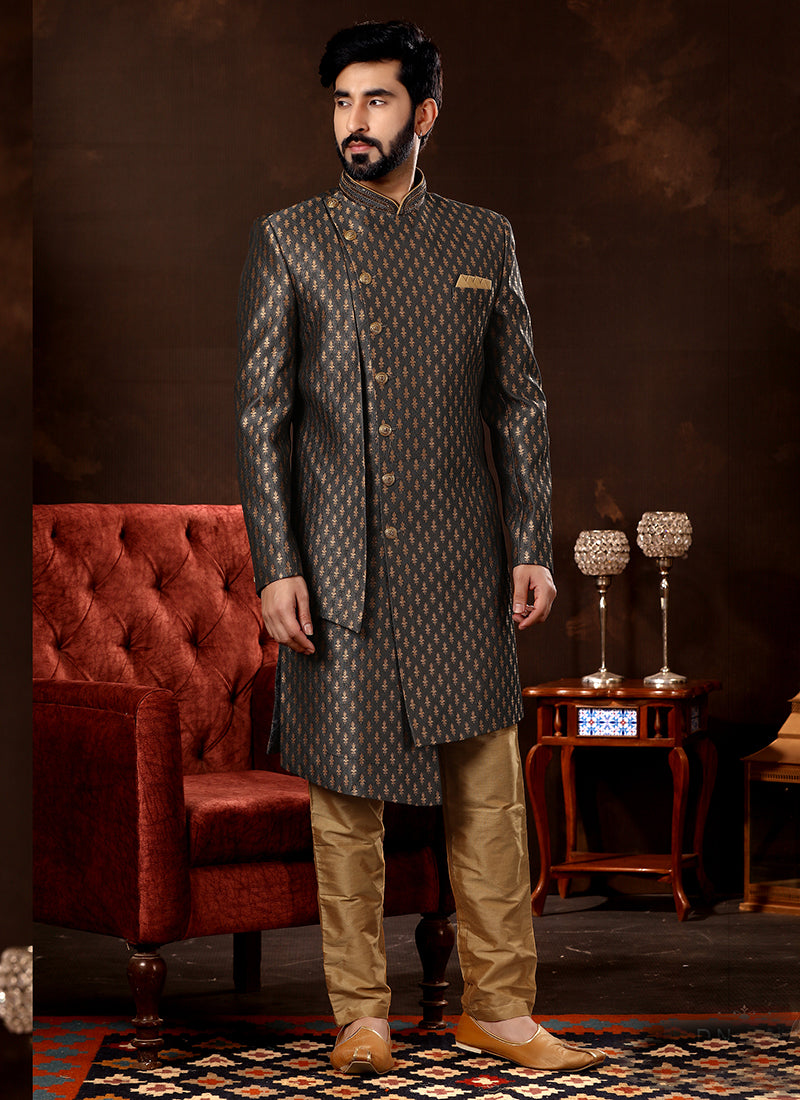 Dark Grey Jacquard Sherwani