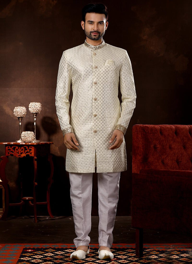 Cream Art Silk Sherwani