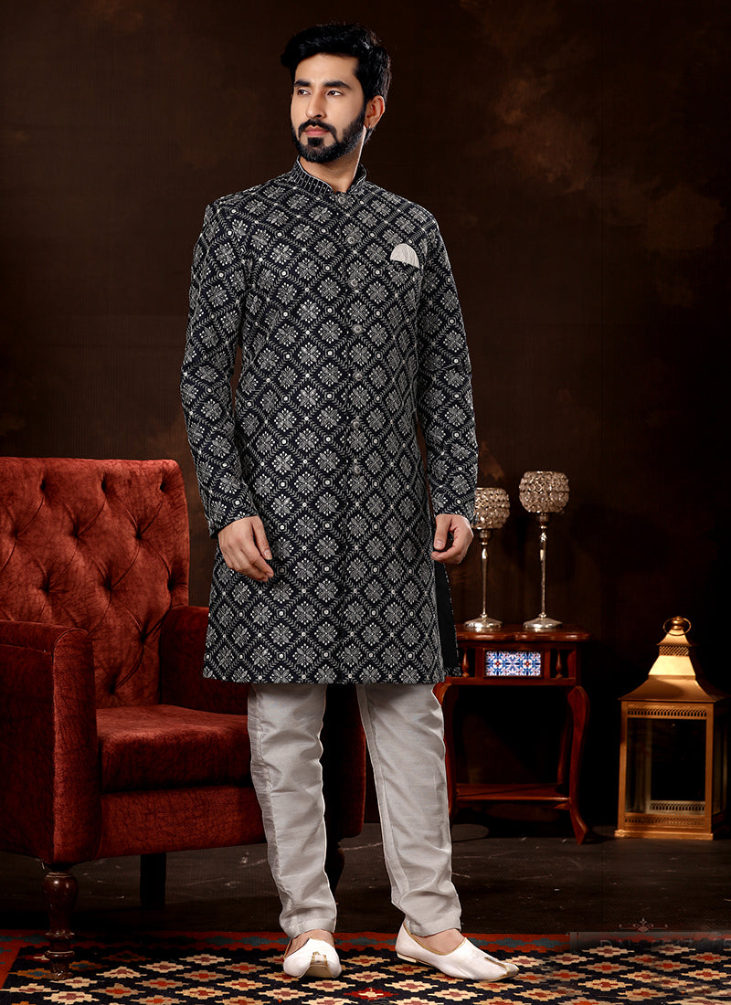 Navy Blue Lukhnowi Sherwani