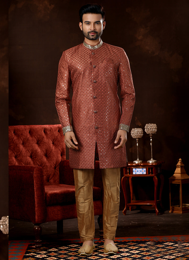 Coral Red Art Silk Sherwani