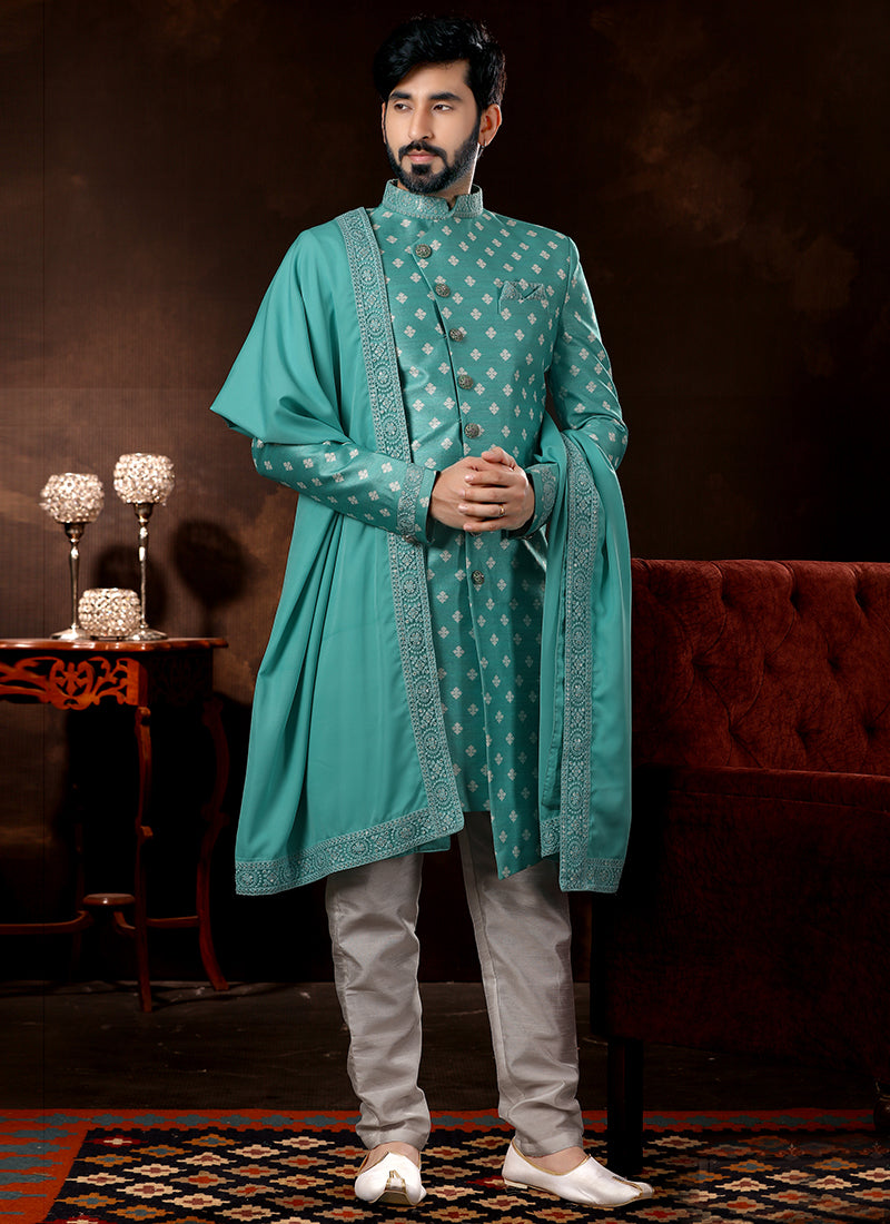 Firozi Jacquard Sherwani