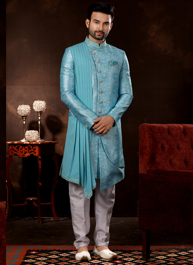 Sky Blue Jacquard Sherwani