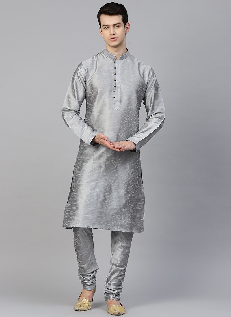Grey Dupion Silk Mens Kurta Set