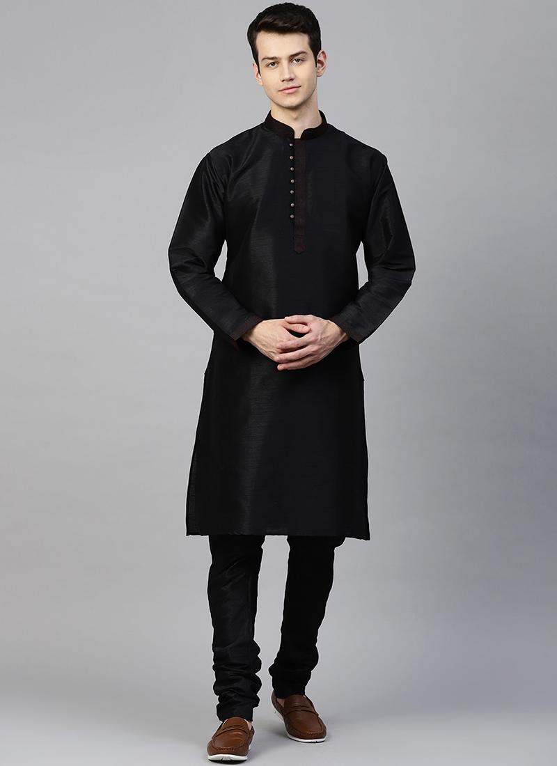 Black Dupion Silk Mens Kurta Set