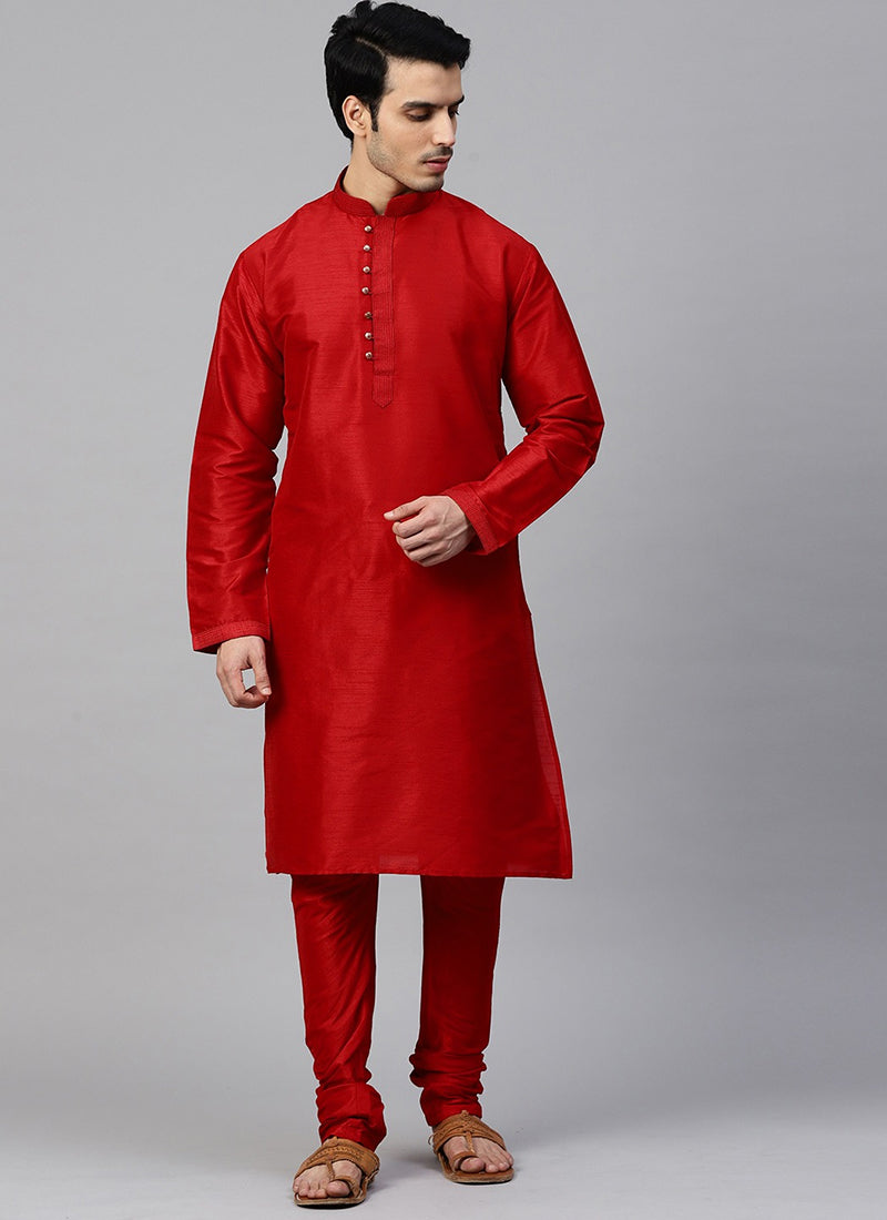 Red Dupion Silk Mens Kurta Set