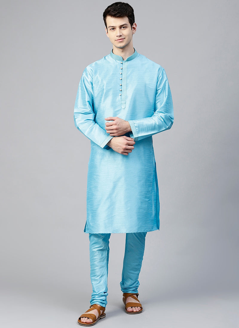 Sky Blue Dupion Silk Mens Kurta Set