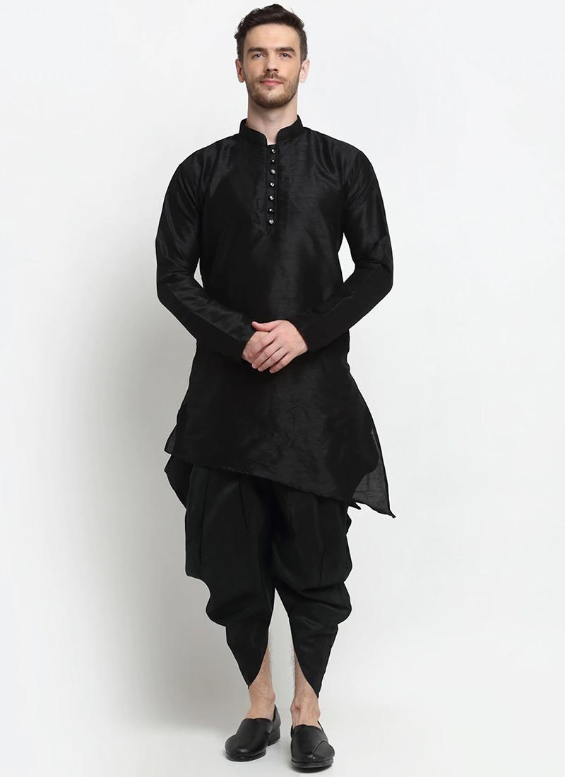 Black Dupion Silk Mens Kurta Pyjama Set