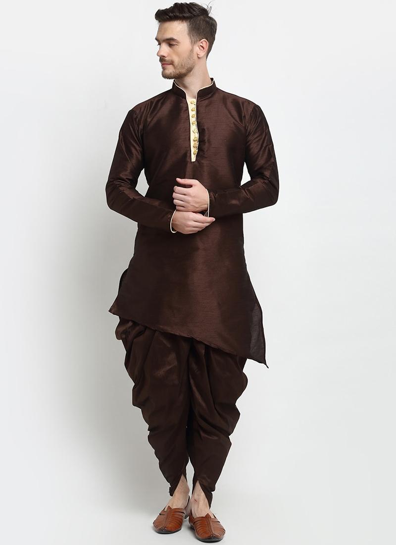 Brown Dupion Silk Mens Kurta Pyjama Set