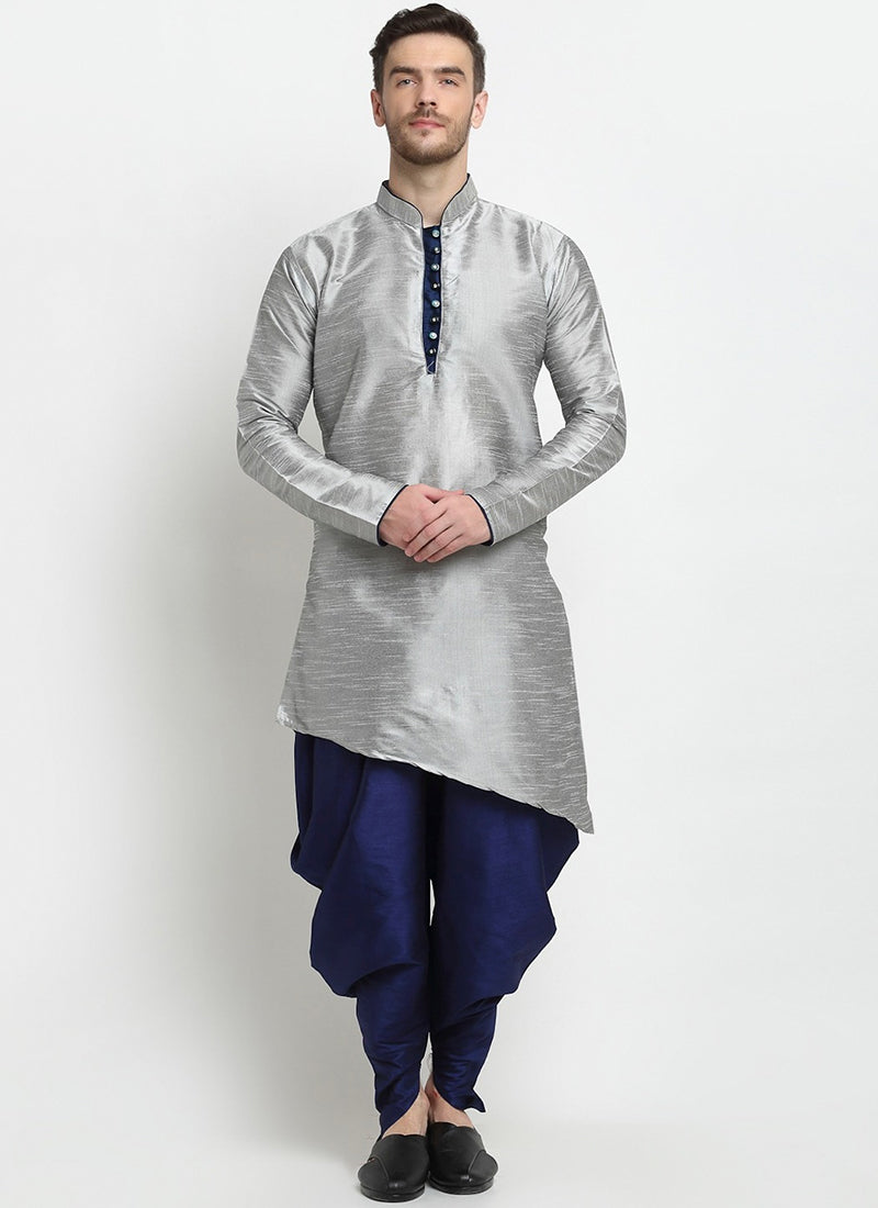 Grey Dupion Silk Mens Kurta Pyjama Set