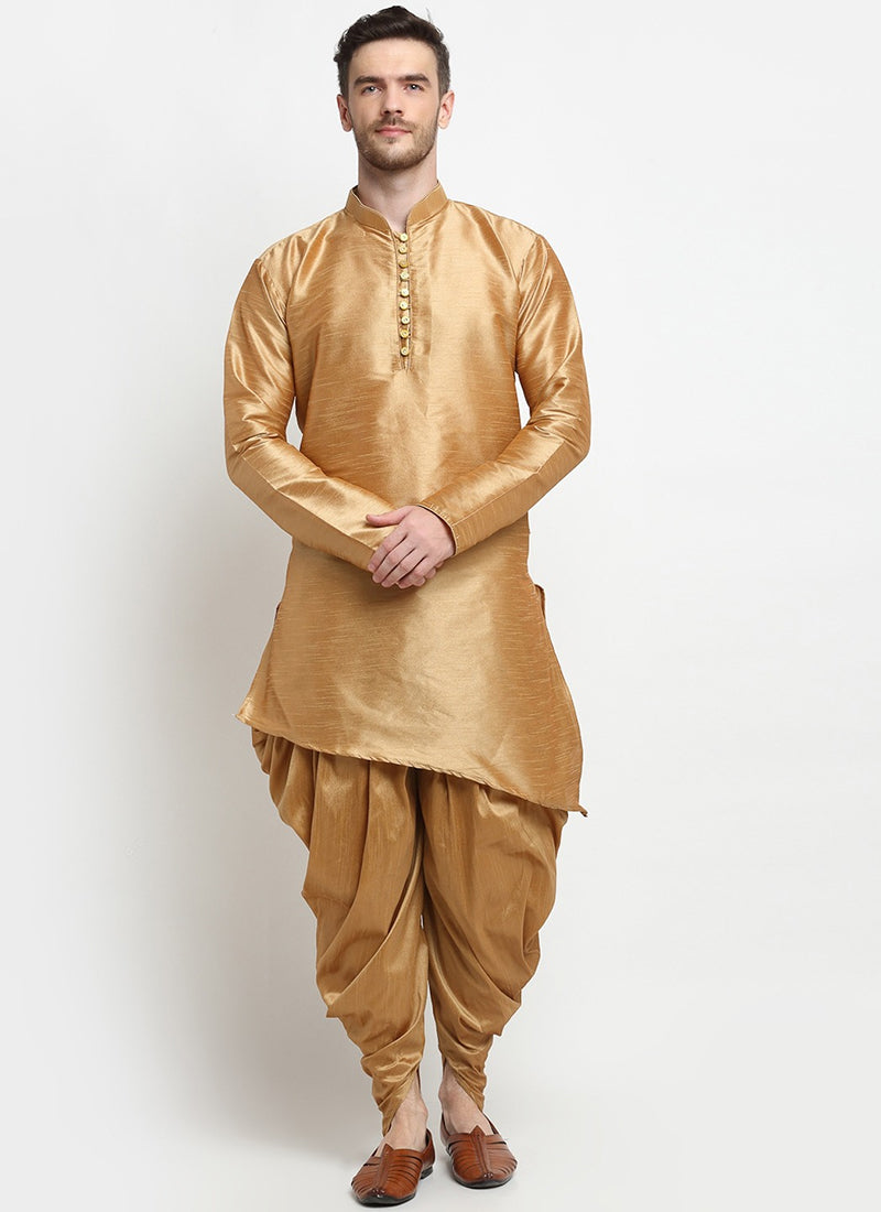 Golden Dupion Silk Mens Kurta Pyjama Set