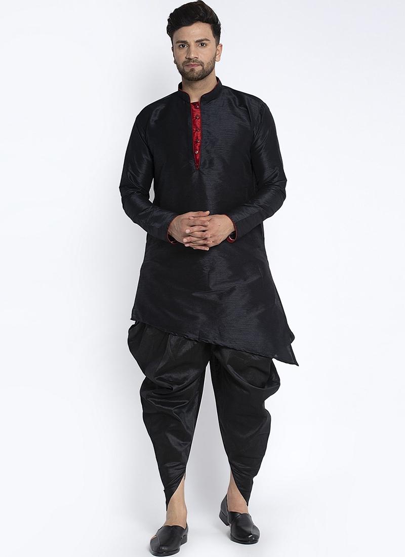 Black Dupion Silk Mens Kurta Pyjama Set