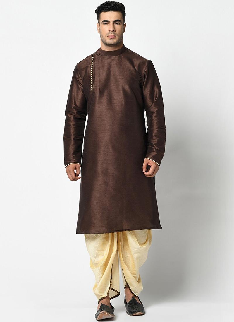 Brown Dupion Silk Mens Kurta Pyjama Set