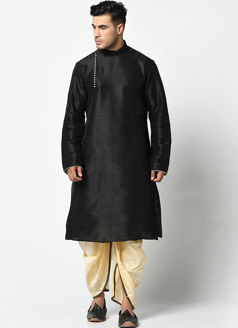 Black Dupion Silk Mens Kurta Pyjama Set