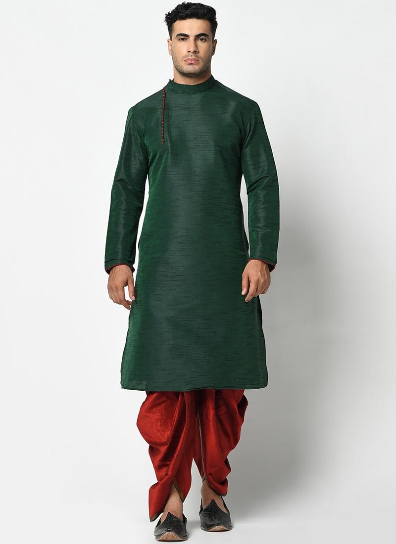 Bottle Green Dupion Silk Mens Kurta Pyjama Set