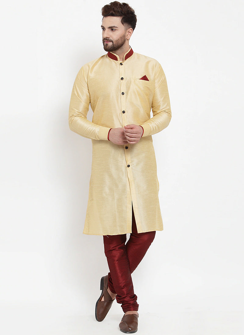 Cream Banarasi Dupion Silk Mens Kurta Set
