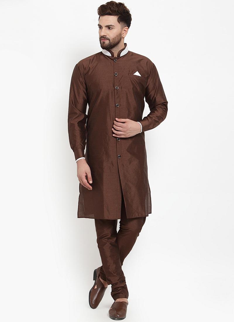 Coffee Brown Banarasi Dupion Silk Mens Kurta Set