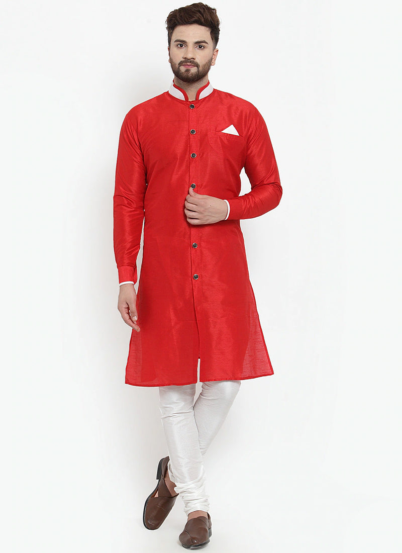 Red Banarasi Dupion Silk Mens Kurta Set