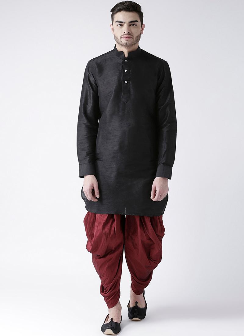 Black Art Dupion Silk Mens Kurta Pyjama Set