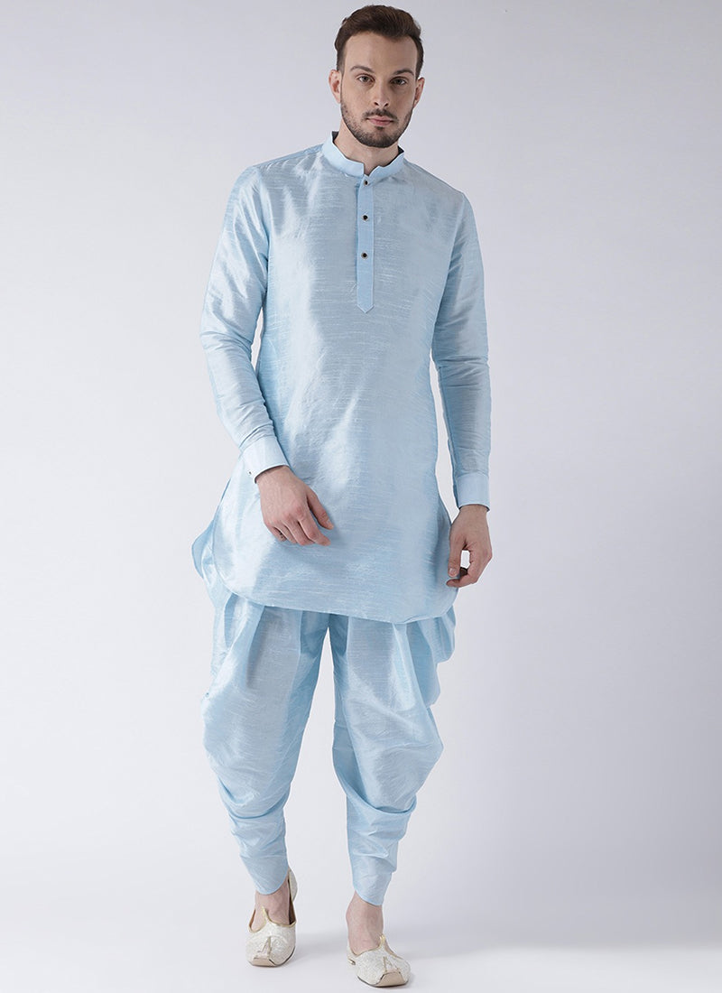 Sky Blue Art Dupion Silk Mens Kurta Pyjama Set