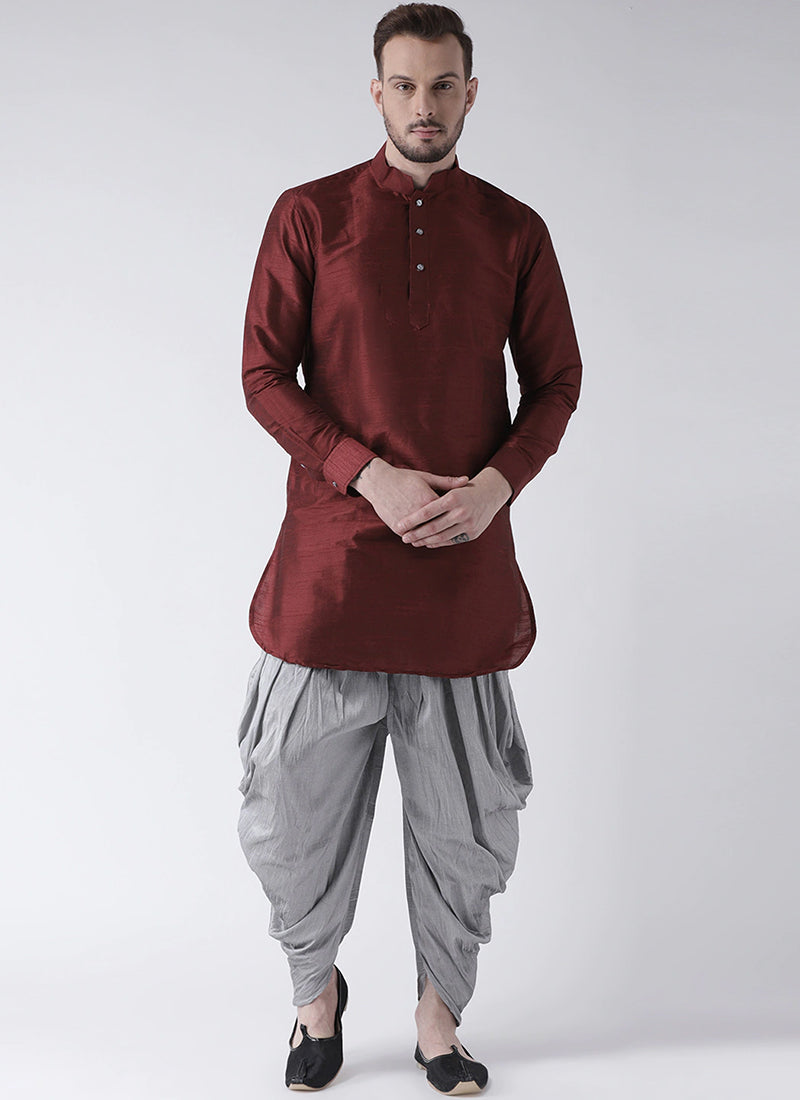 Maroon Art Dupion Silk Mens Kurta Pyjama Set