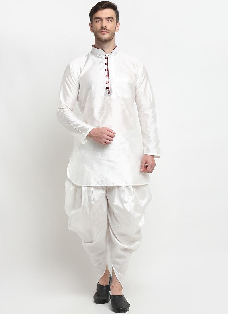 White Art Dupion Silk Mens Kurta Pyjama Set