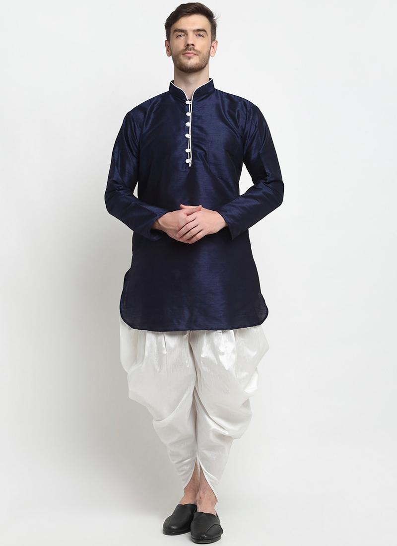 Navy Blue Art Dupion Silk Mens Kurta Pyjama Set