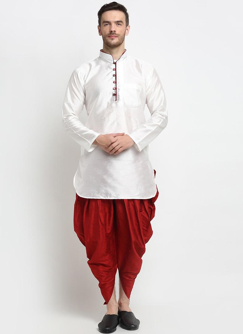 White Art Dupion Silk Mens Kurta Pyjama Set