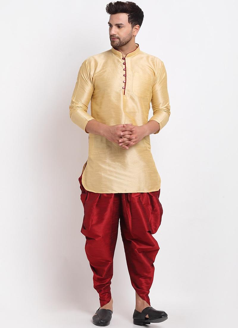 Golden Cream Art Dupion Silk Mens Kurta Pyjama Set