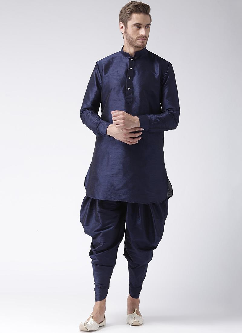 Navy Blue Art Dupion Silk Mens Kurta Pyjama Set