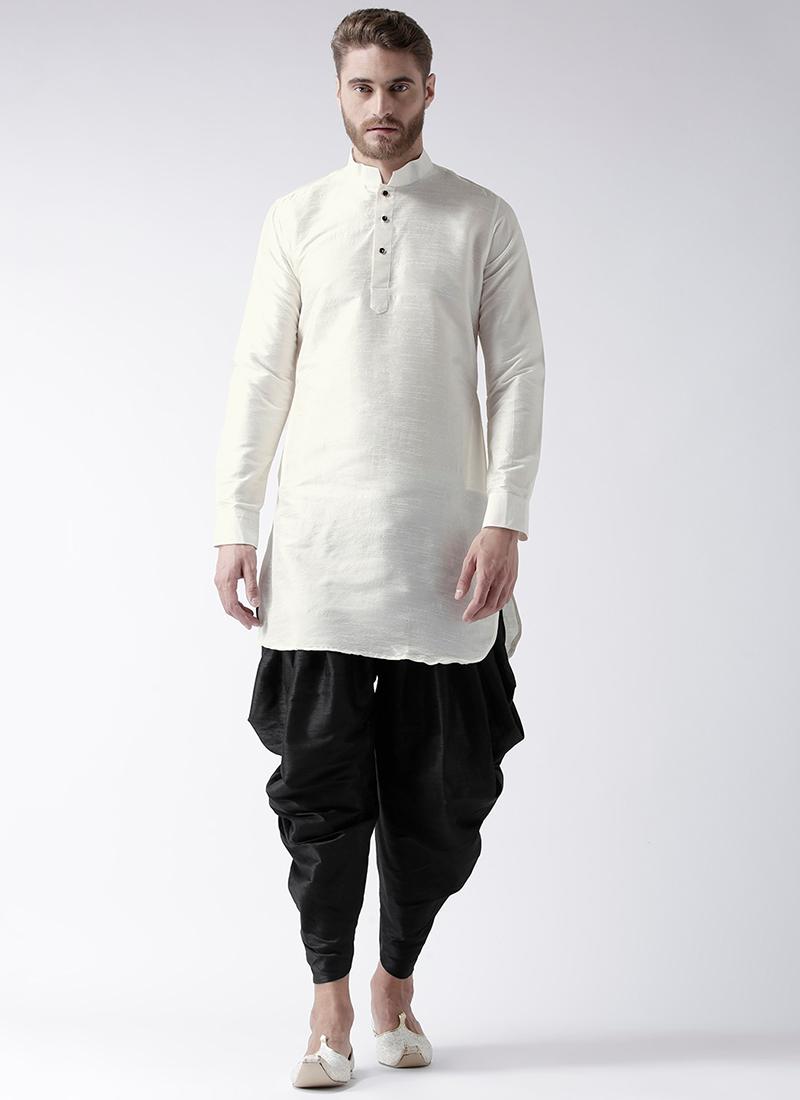 White Art Dupion Silk Mens Kurta Pyjama Set