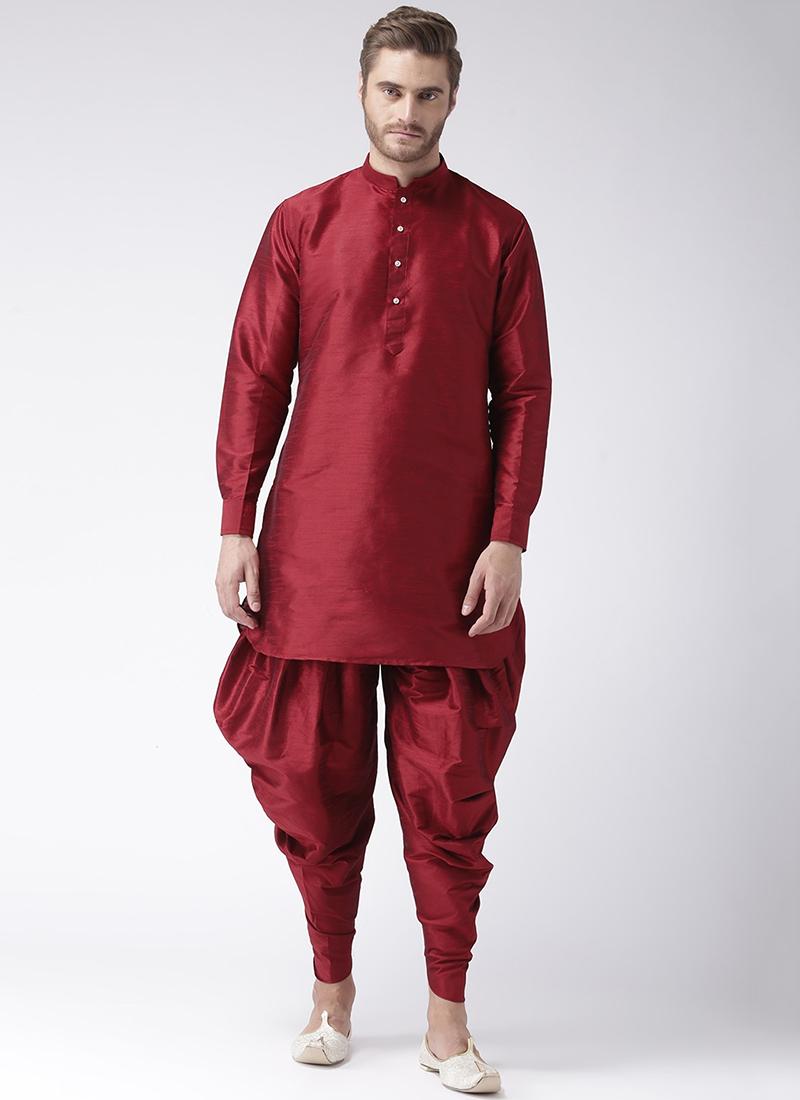 Maroon Art Dupion Silk Mens Kurta Pyjama Set