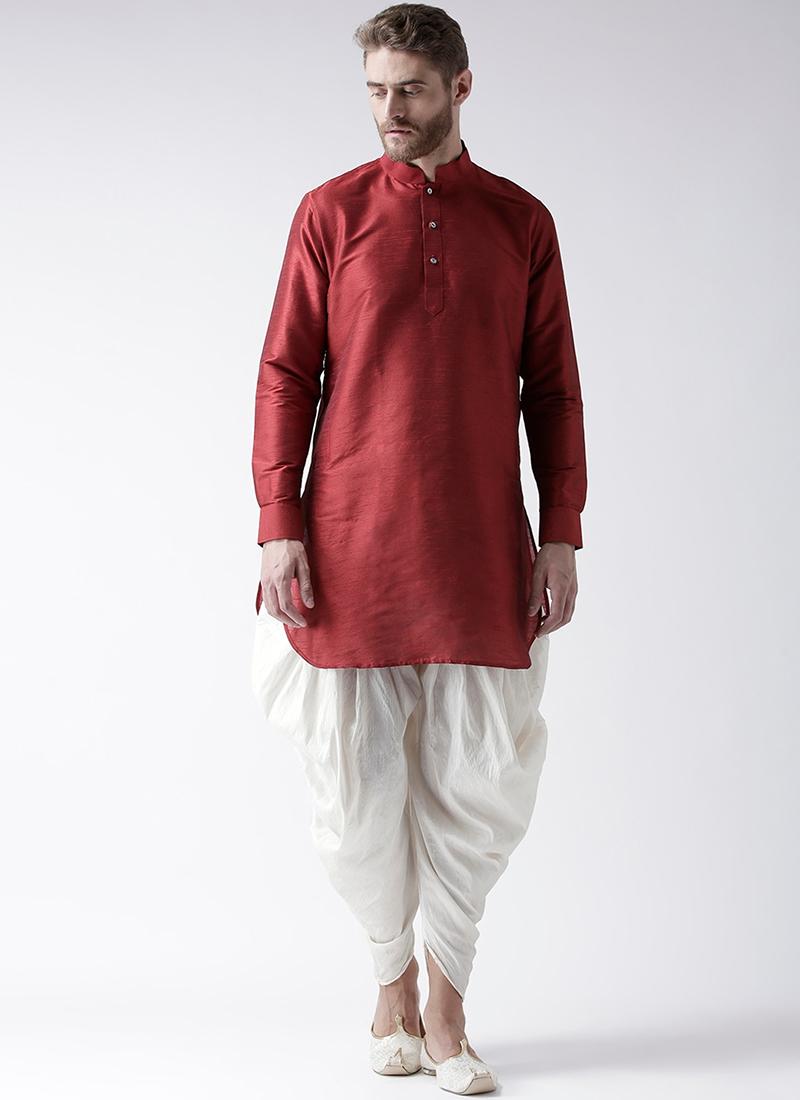 Maroon Art Dupion Silk Mens Kurta Pyjama Set