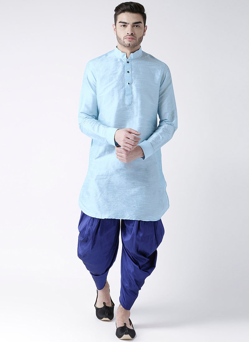 Sky Blue Art Dupion Silk Mens Kurta Pyjama Set